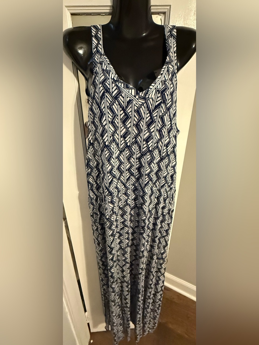 Lucky Brand NWT Blue White Geometric Art Deco V-Neck Maxi Dress Size 2X Plus